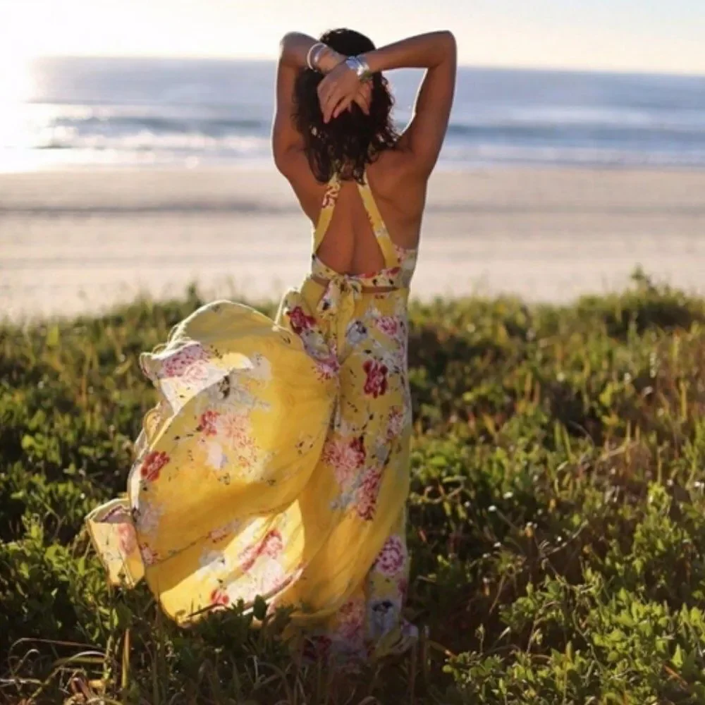 JAASE Endless Summer Floral Halter Maxi Dress Boho Wedding Side Slit Feminine M